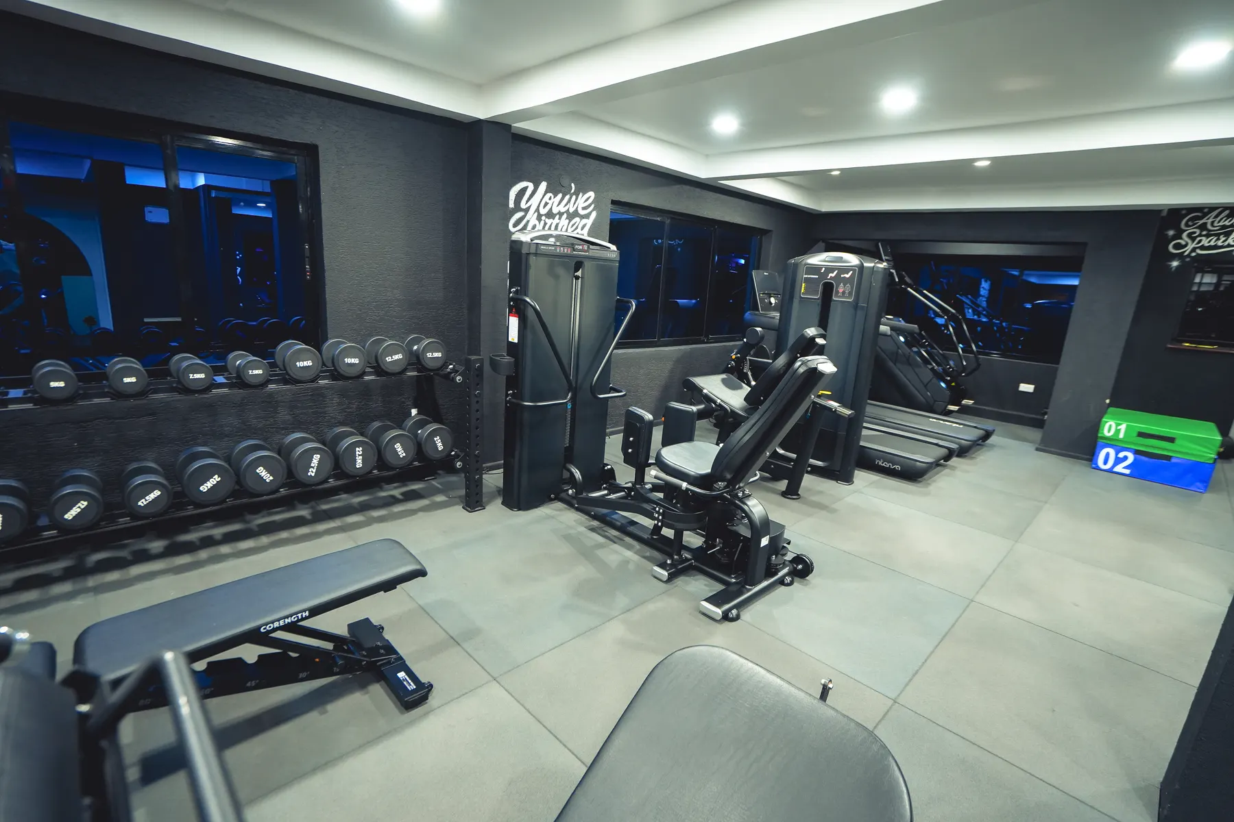 The Dumbbells gym floor, with a dumbbell rack, benches and a cable machine